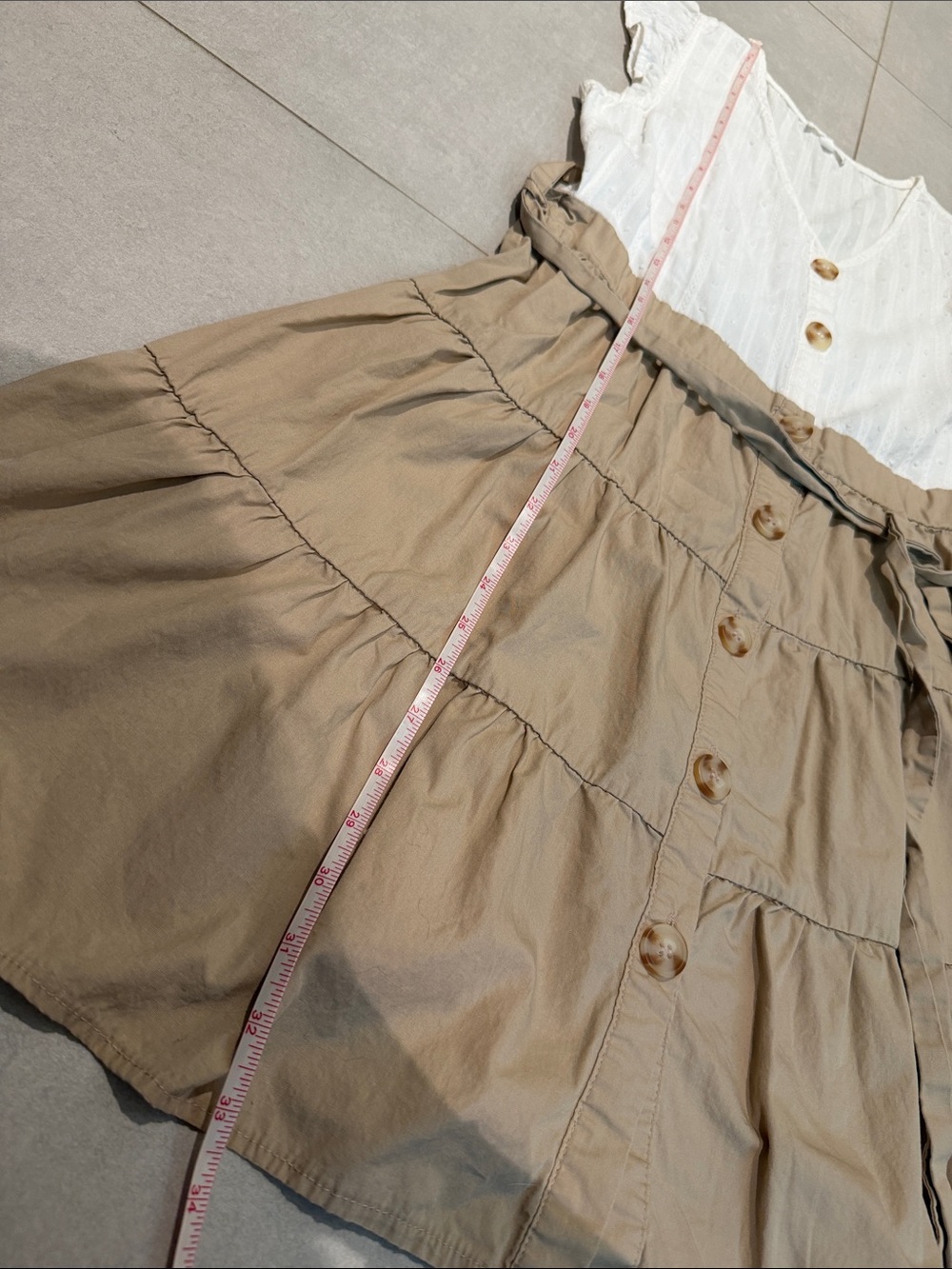 Women medium White & Tan Midi Button-Front Dress with Tie Waist cap sleeve fresh - Picture 10 of 10